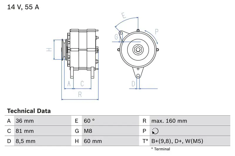 0 986 036 020 ГЕНЕРАТОР 14V, 55A