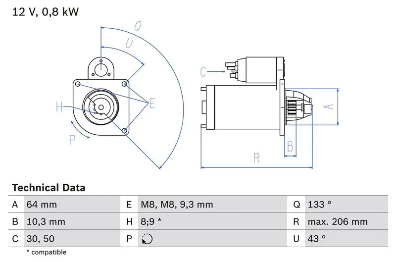 0 986 019 301 Стартер 12В 0.8Kw Fiat Grande
