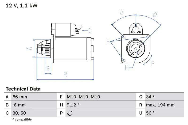 0 986 021 600 СТАРТЕР 12V, 0.9KW