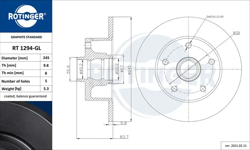 ROTINGER RT1294GL Тормозной диск