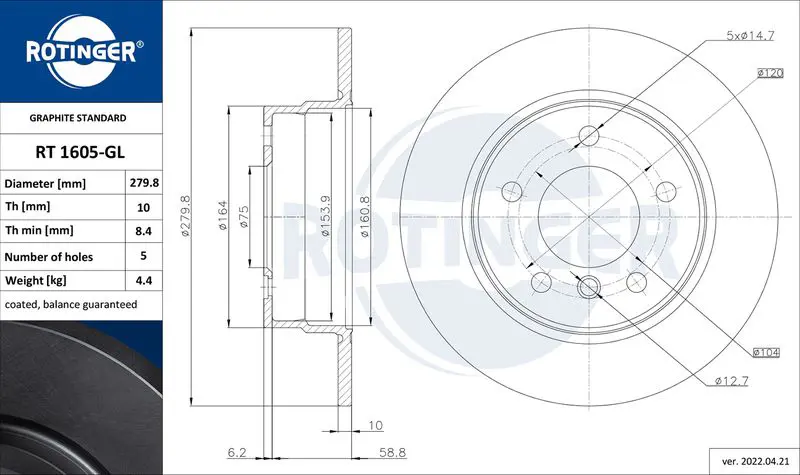 ROTINGER RT1605GL Диск тормозной графитовый