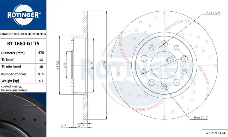 ROTINGER RT1660GLT5 Тормозной диск