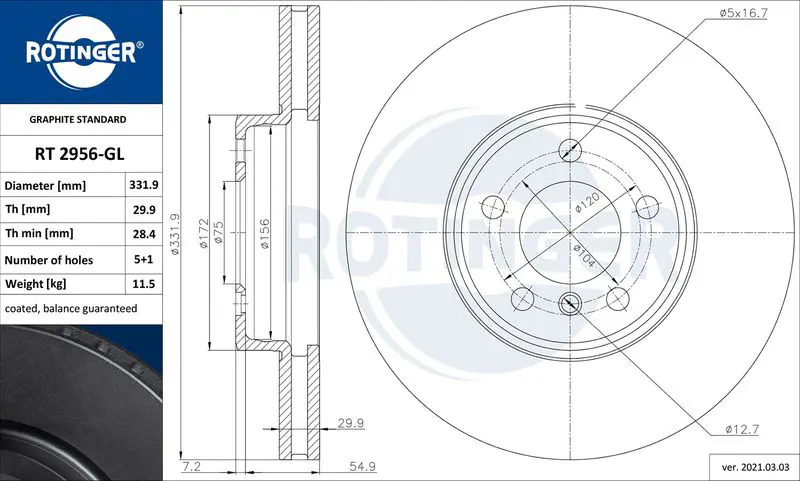 ROTINGER RT2956GL Тормозной диск