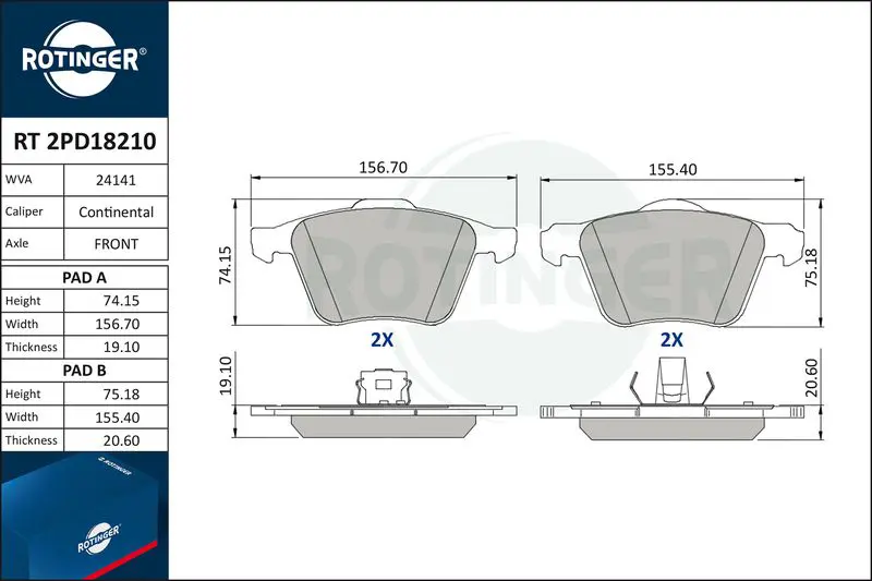 ROTINGER RT2PD18210 Колодки тормозные дисковые без
