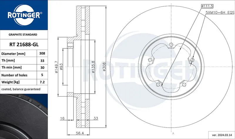 ROTINGER RT21688GL Диск тормозной графитовый