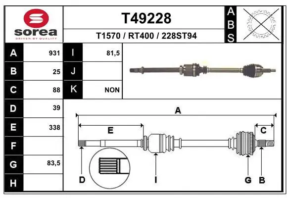 EAI T49228 Полуось Рено Megane 2 1.9 dCi
