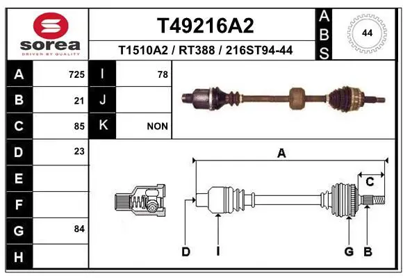 T49216A2 Полуось прав Ren Clio II.