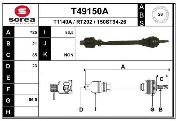 T49150A Полуось рено kangoo +abs 26