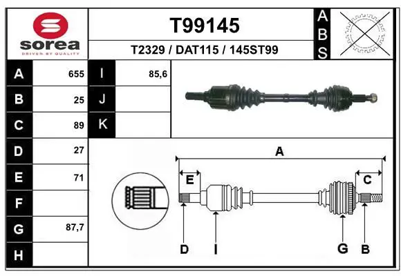 EAI T99145 Полуось Рено Duster 1.5 dCi
