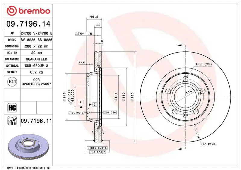 Brembo 09719611 Диск тормозной передн, AUDI: