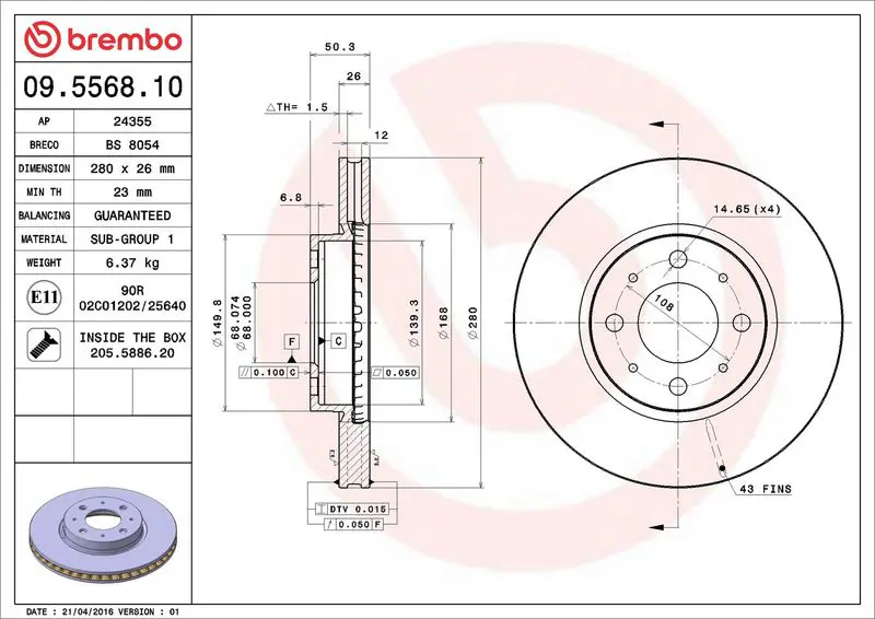 Brembo 09556810 Диск Тормозной Передний 280Mm