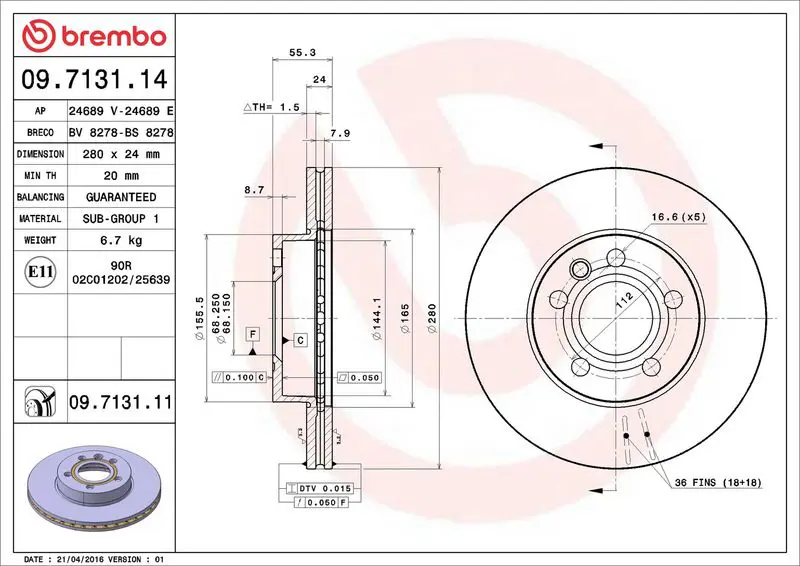 Brembo 09713111 Диск тормозной передн, DF2809