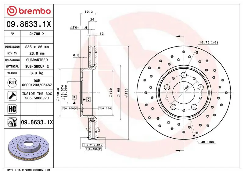 Brembo 0986331X ДИСК ТОРМОЗНОЙ VOLVO S60 I