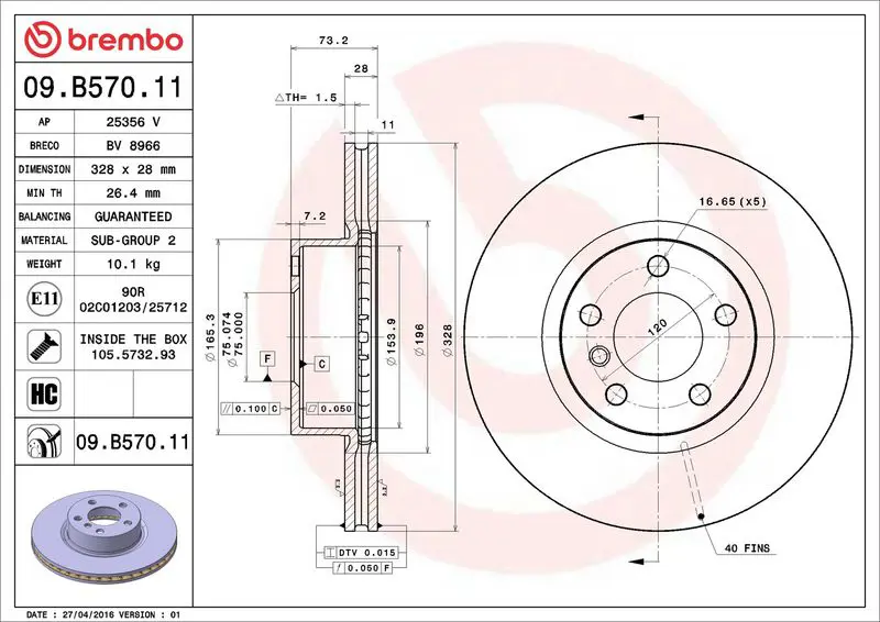 Brembo 09B57011 Диск тормозной 09.B570.11