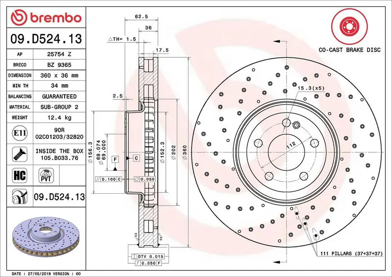 Brembo 09D52413 Диск тормозной 09.D524.13