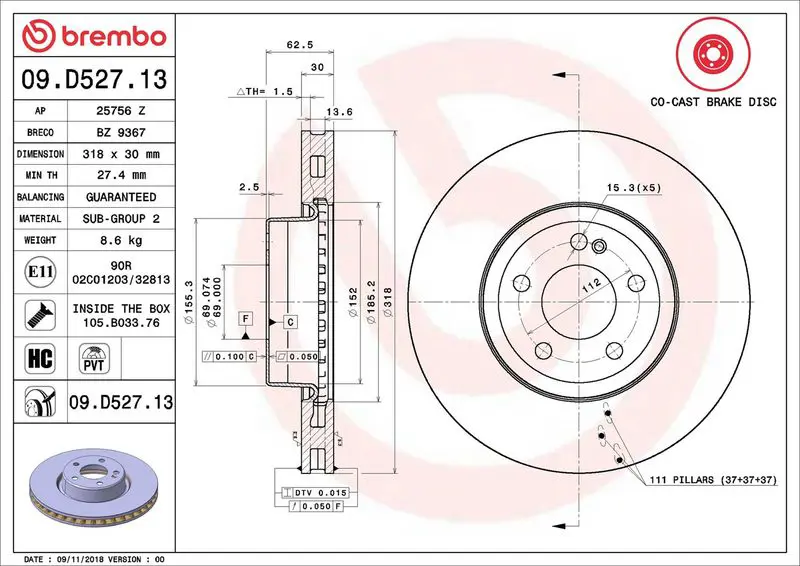 Brembo 09D52713 Диск тормозной перед MB