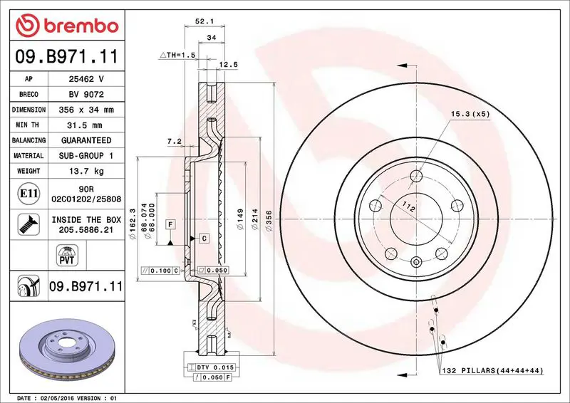 Brembo 09B97111 Диск тормозной передн, AUDI:A6