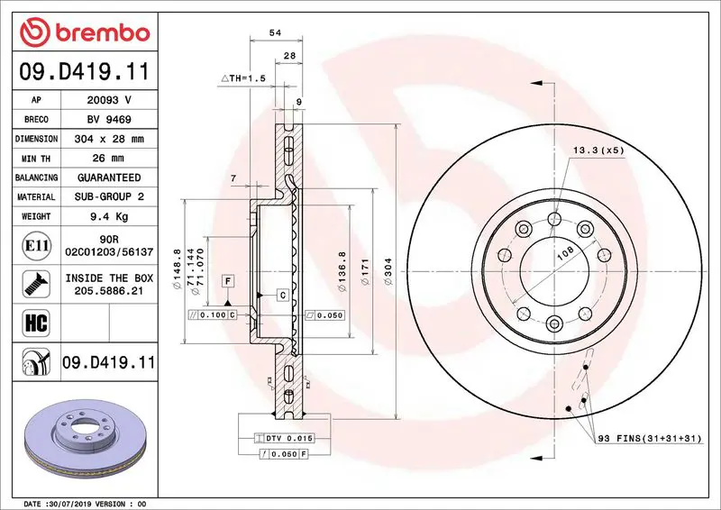 Brembo 09D41911 Тормозной диск