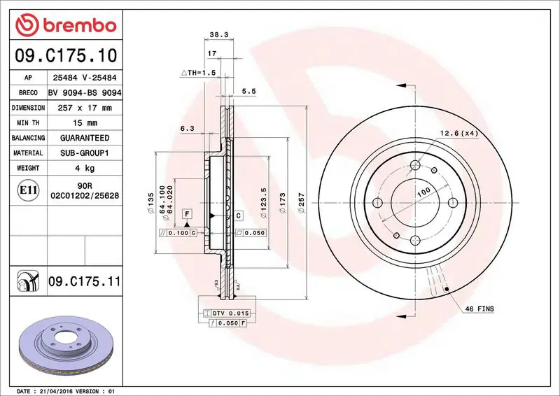 BREMBO 09C17511 Тормозной диск | перед |