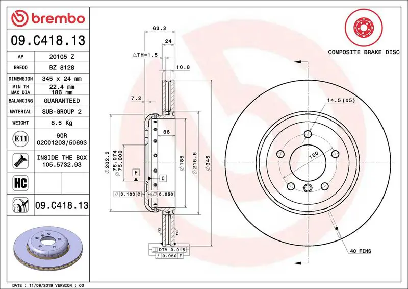BREMBO 09C41813 Тормозной диск