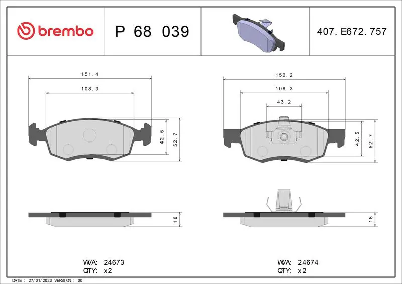 Brembo P68039 КОЛОДКИ ТОРМОЗНЫЕ ДИСКОВЫЕ