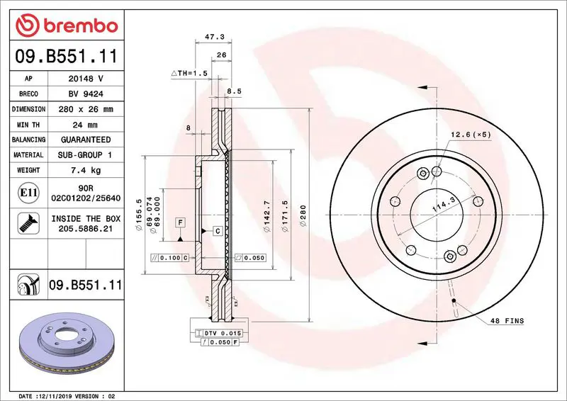 BREMBO 09B55111 Диск тормозной