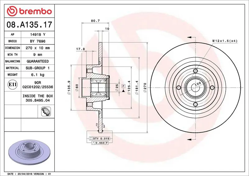 Brembo 08A13517 Диск тормозной задн RENAULT: