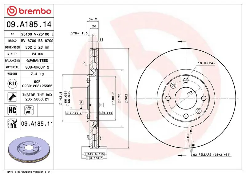 Brembo 09A18511 Диск тормозной передний 302mm