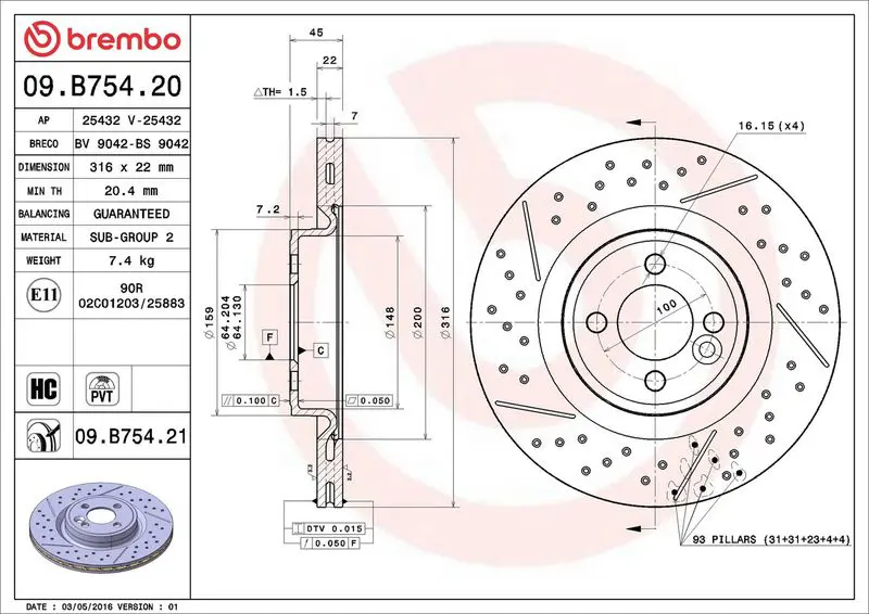 BREMBO 09B75421 Тормозной диск