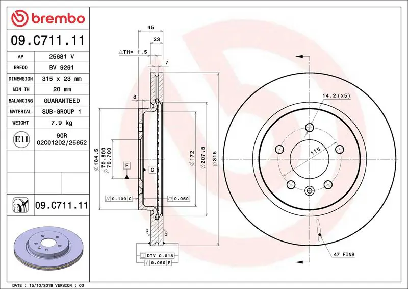 BREMBO 09C71111 Диск тормозной Opel Zafira
