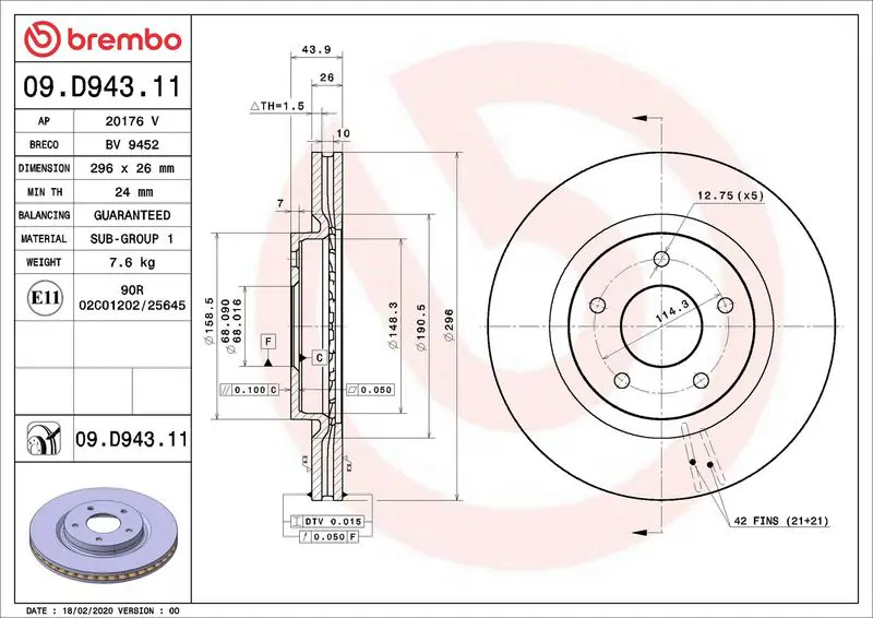 BREMBO 09D94311 диск тормозной с покрытием