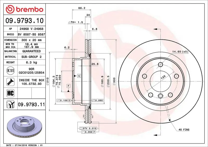 Brembo 09979311 09.9793.11 диск тормозной