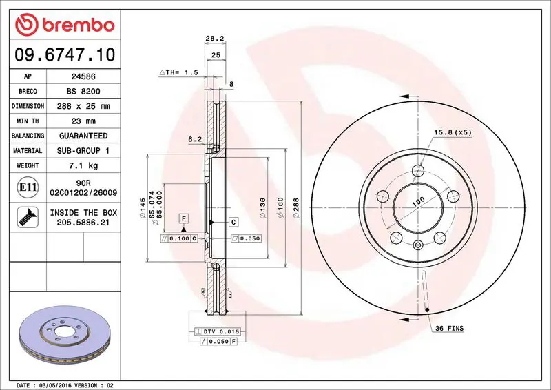 Brembo 09674710 Диск тормозной передний (вент.