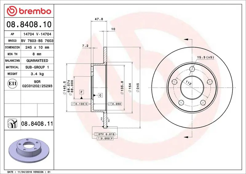 Brembo 08840811 Диск тормозной задн, AUDI: A4