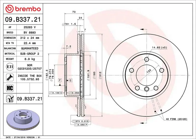 Brembo 09B33721 Диск тормозной 09.B337.21