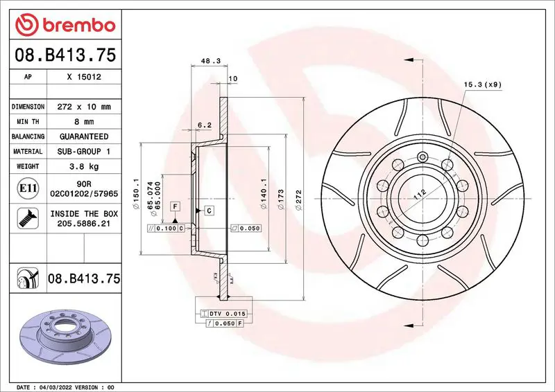 08.B413.75 ДИСК ТОРМОЗНОЙ VW TAOS (CL1,