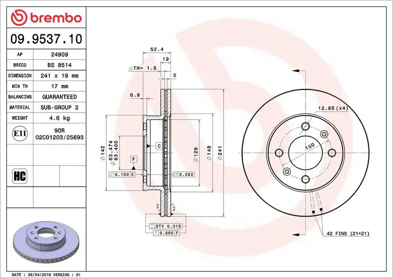 Brembo 09953710 Диск тормозной передний