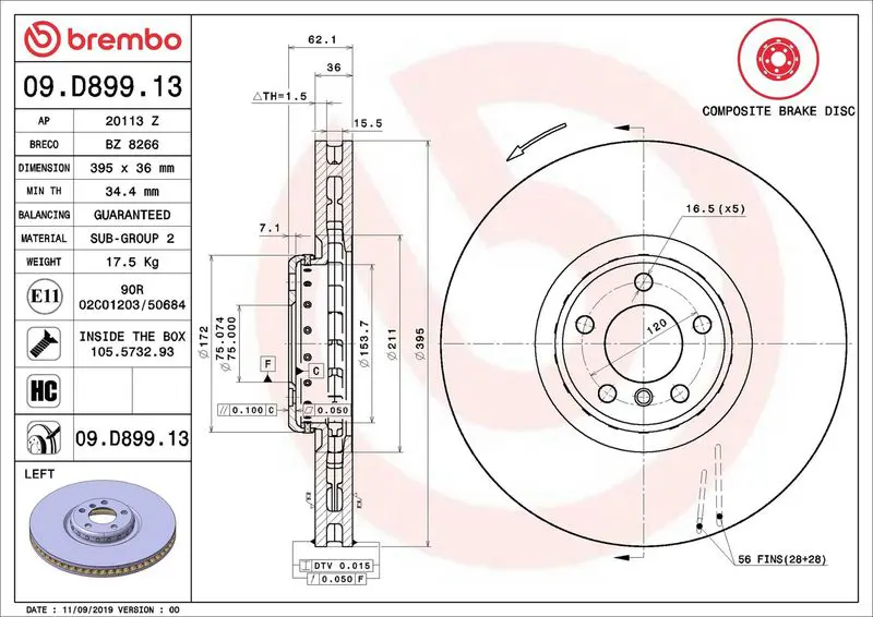 BREMBO 09D89913 Тормозной диск передний D395mm