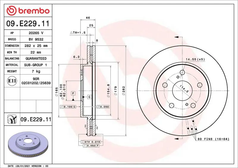 BREMBO 09E22911 Тормозной диск