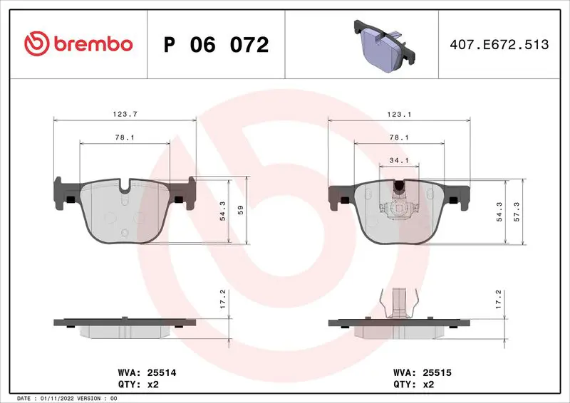BREMBO P06072 Комплект тормозных колодок