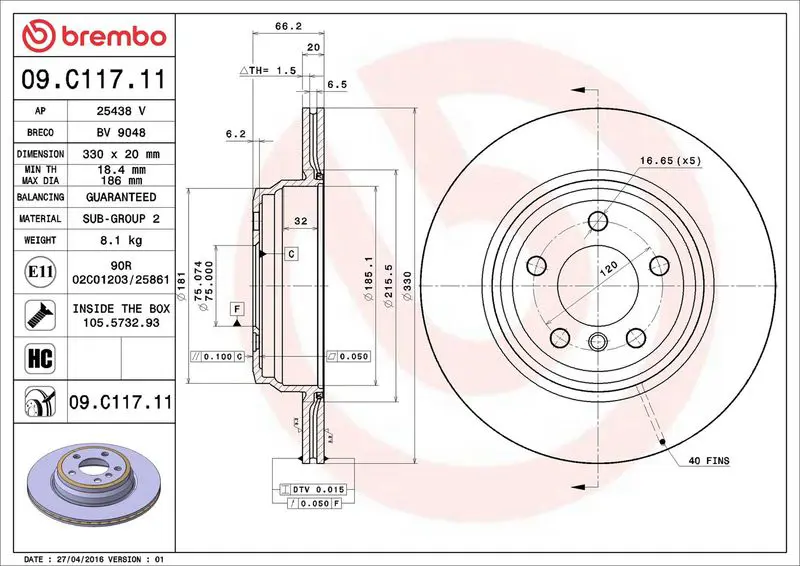 BREMBO 09C11711 Диск тормозной задние BMW 3
