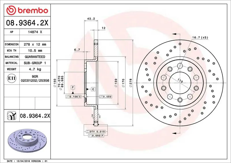 BREMBO 0893642X ДИСК ТОРМОЗНОЙ JEEP COMPASS