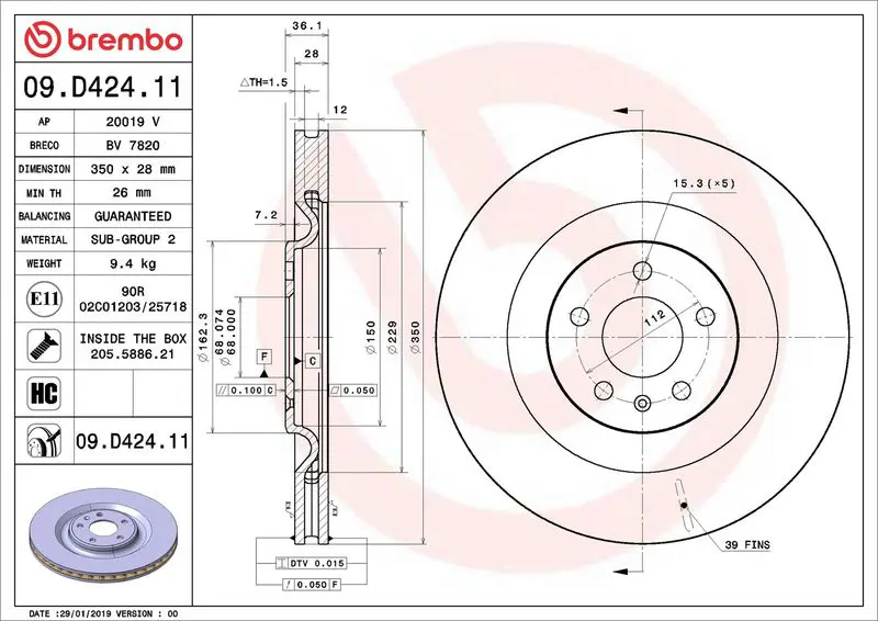 Brembo 09D42411 Диск тормозной AUDI A4,A8,Q7