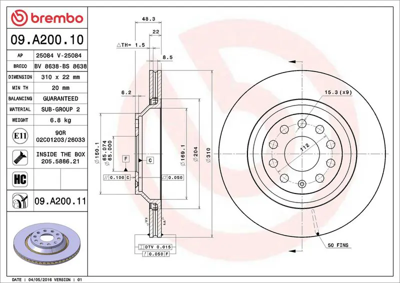09.A200.11 Диск тормозной Brembo задний