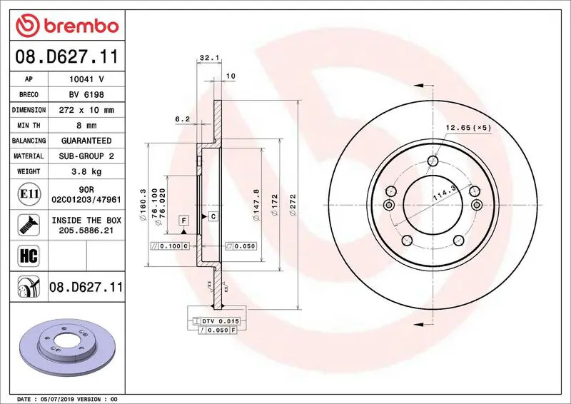BREMBO 08D62711 Диск тормозной задн HYUNDAI