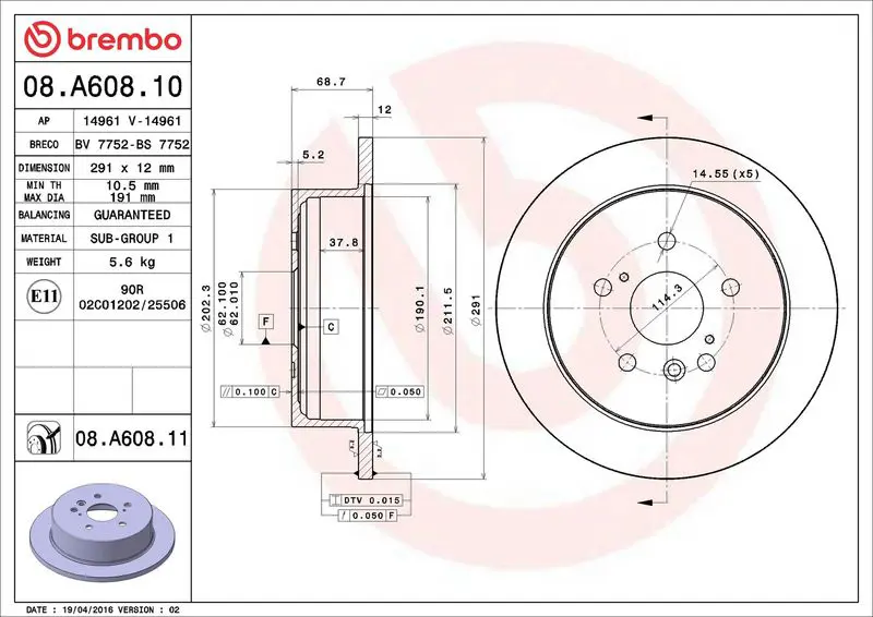 Brembo 08A60811 Диск тормозной TOYOTA: AVENSIS