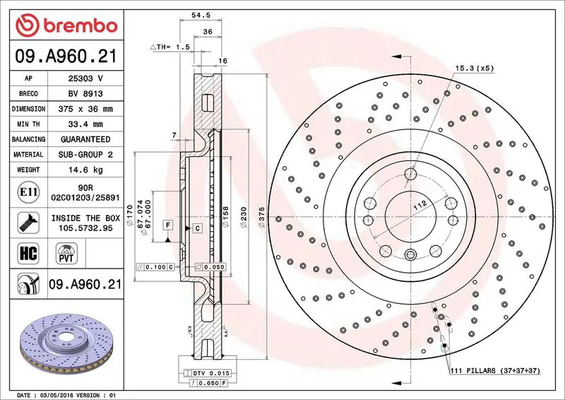 Brembo 09A96021 Диск тормозной 09.A960.21