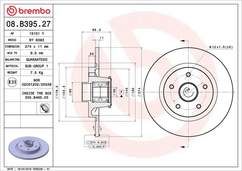 Brembo 08B39527 Диск тормозной задний с