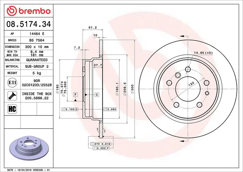 Brembo 08517434 Диск тормозной задн BMW: 5