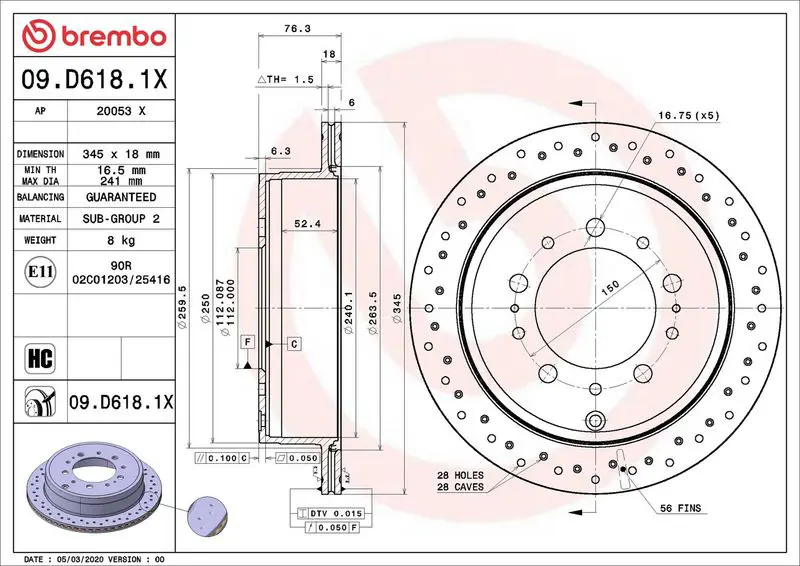 Brembo 09D6181X Диск тормозной
